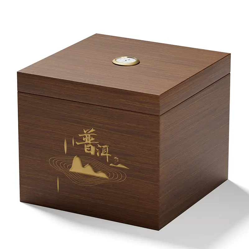 高档普洱茶茶饼木盒带湿度计 整体展示